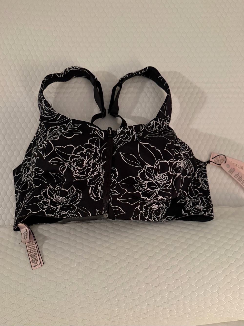 Victoria's Secret Black and White Floral Front-Zip Sports Bra with Cups